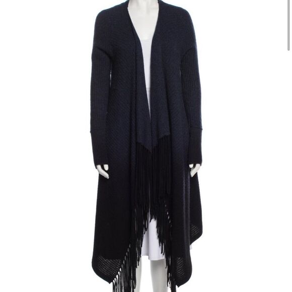 360 Cashmere Navy and Black Cardigan Sweater with Fringe Small - Picture 1 of 4